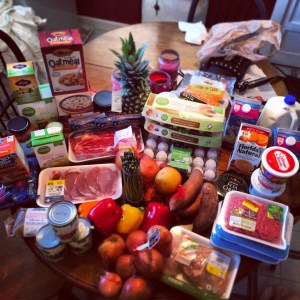 Our weekly grocery supply.  Please note those peanut butter poptarts and double stuff oreos belong to a certain 245lb bodybuilder I know and not me.